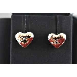 Chanel 22C Heart Shape Gold Black CC Interlocking Logo Statement Stud Earrings